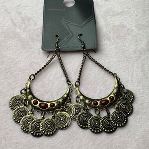 Boho Dangle Earrings – Crescent & Coin Design with Red Accents, New